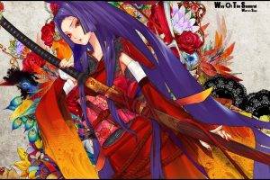 anime, Purple Hair, Traditional Clothing, Redjuice, Colorful, Snyp, Sword, Anime Girls, Manga, Katana, Long Hair, Flowers, Birds, Yukata