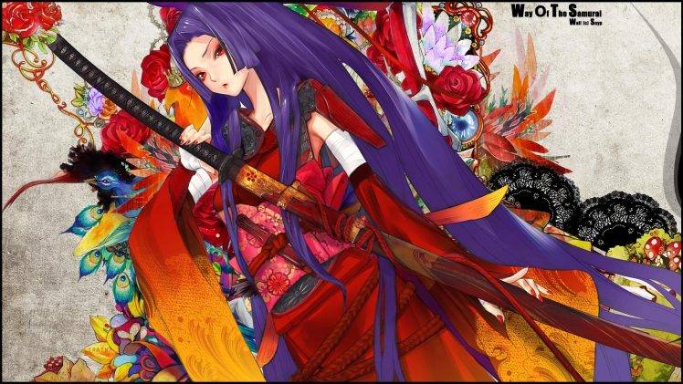 anime, Purple Hair, Traditional Clothing, Redjuice, Colorful, Snyp, Sword, Anime Girls, Manga, Katana, Long Hair, Flowers, Birds, Yukata HD Wallpaper Desktop Background