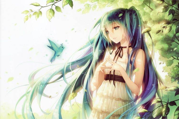 green, Vocaloid, Hatsune Miku, Long Hair, Twintails, Birds, Ribbon, Trees, Petals, Anime, Anime Girls HD Wallpaper Desktop Background