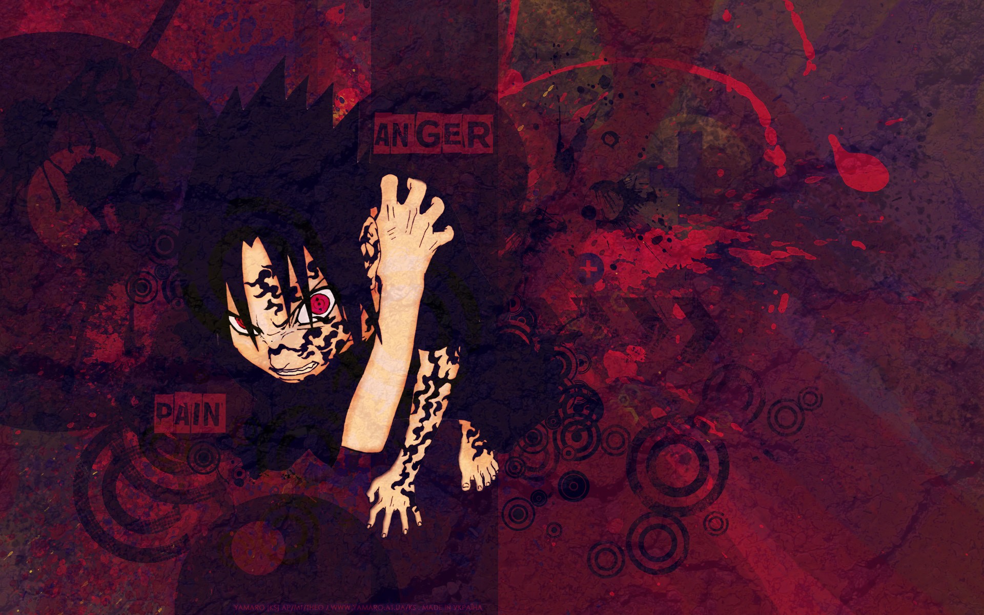 Uchiha Sasuke, Paint Splatter, Sharingan, Typography Wallpaper