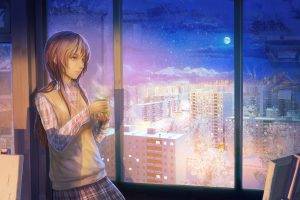 ArseniXC, Anime Girls, Winter, Snow, Night, School Uniform, Original Characters