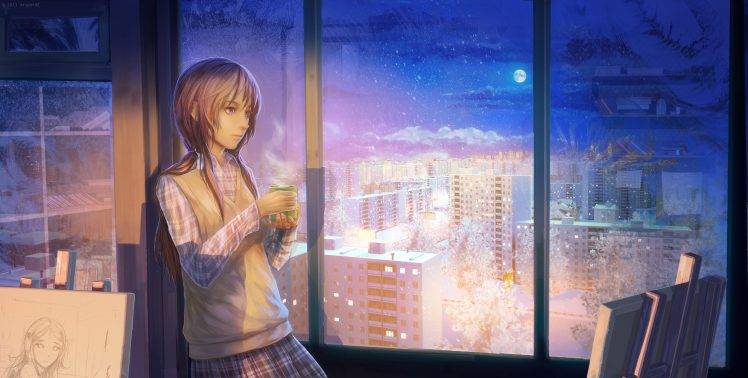 ArseniXC, Anime Girls, Winter, Snow, Night, School Uniform, Original Characters HD Wallpaper Desktop Background