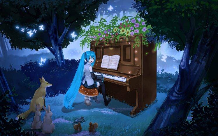 Hatsune Miku, Anime Girls, Piano, Animals, Fox, Rabbits HD Wallpaper Desktop Background