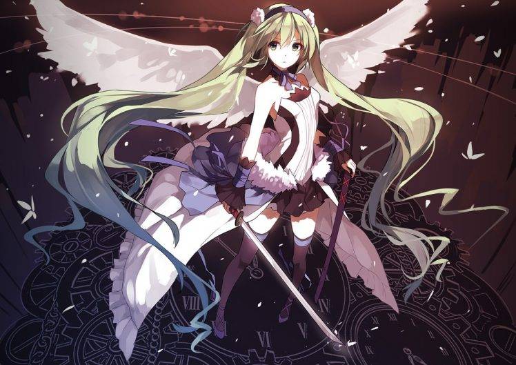 wings, Sword, Katana, Anime Girls, Vocaloid, Hatsune Miku HD Wallpaper Desktop Background
