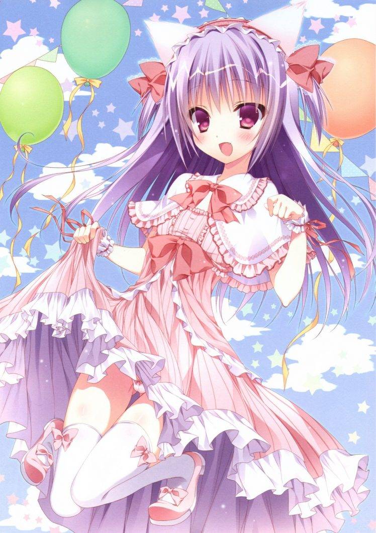 anime Girls, Cat Ears, Balloons HD Wallpaper Desktop Background