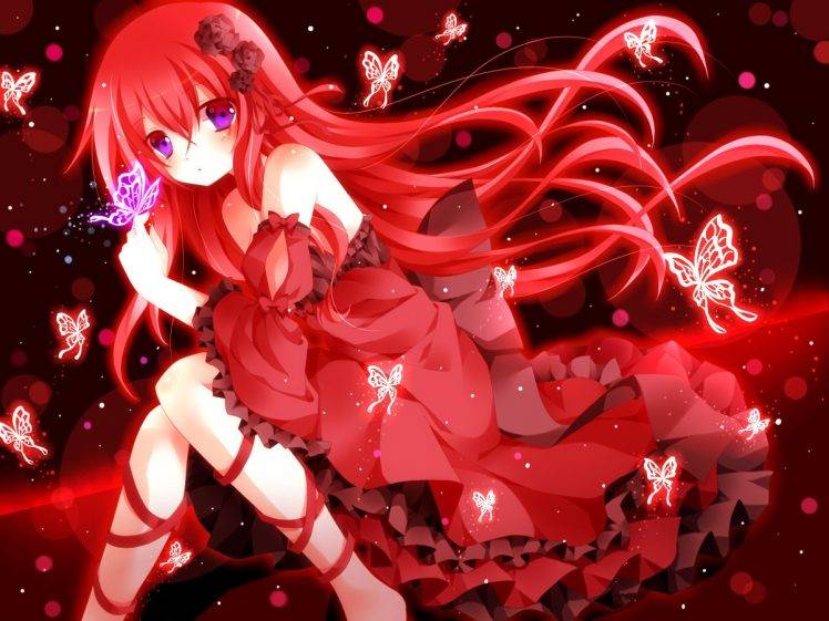anime Girls, Butterfly, Red Dress HD Wallpaper Desktop Background
