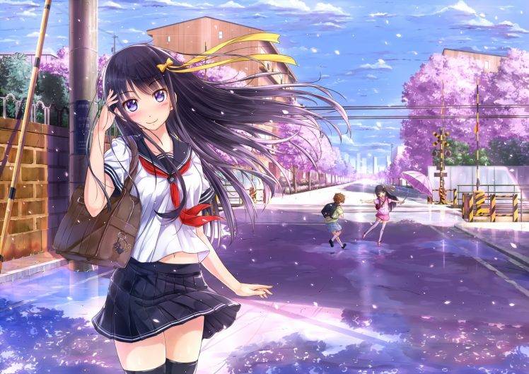 anime Girls, School Uniform, Original Characters, Thigh highs HD Wallpaper Desktop Background