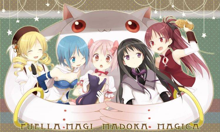 Mahou Shoujo Madoka Magica, Kyuubey, Miki Sayaka, Tomoe Mami, Kaname Madoka, Akemi Homura, Sakura Kyoko HD Wallpaper Desktop Background