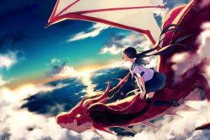 sky, Clouds, Anime Girls, Dragon, Flying, School Uniform, Original Characters