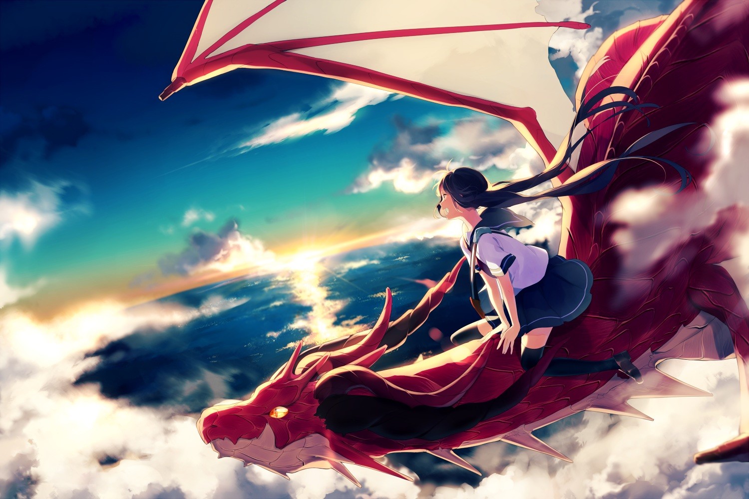 sky, Clouds, Anime Girls, Dragon, Flying, School Uniform, Original Characters Wallpaper