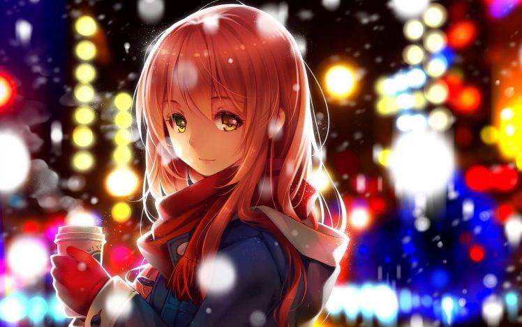 coffee, Winter, Snow, Lights, Anime, Original Characters, Anime Girls, Manga HD Wallpaper Desktop Background