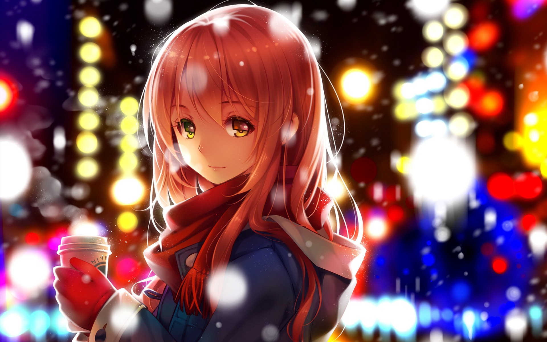 coffee, Winter, Snow, Lights, Anime, Original Characters, Anime Girls, Manga Wallpaper