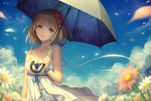 anime Girls, Flowers, Umbrella, Clouds, Original Characters