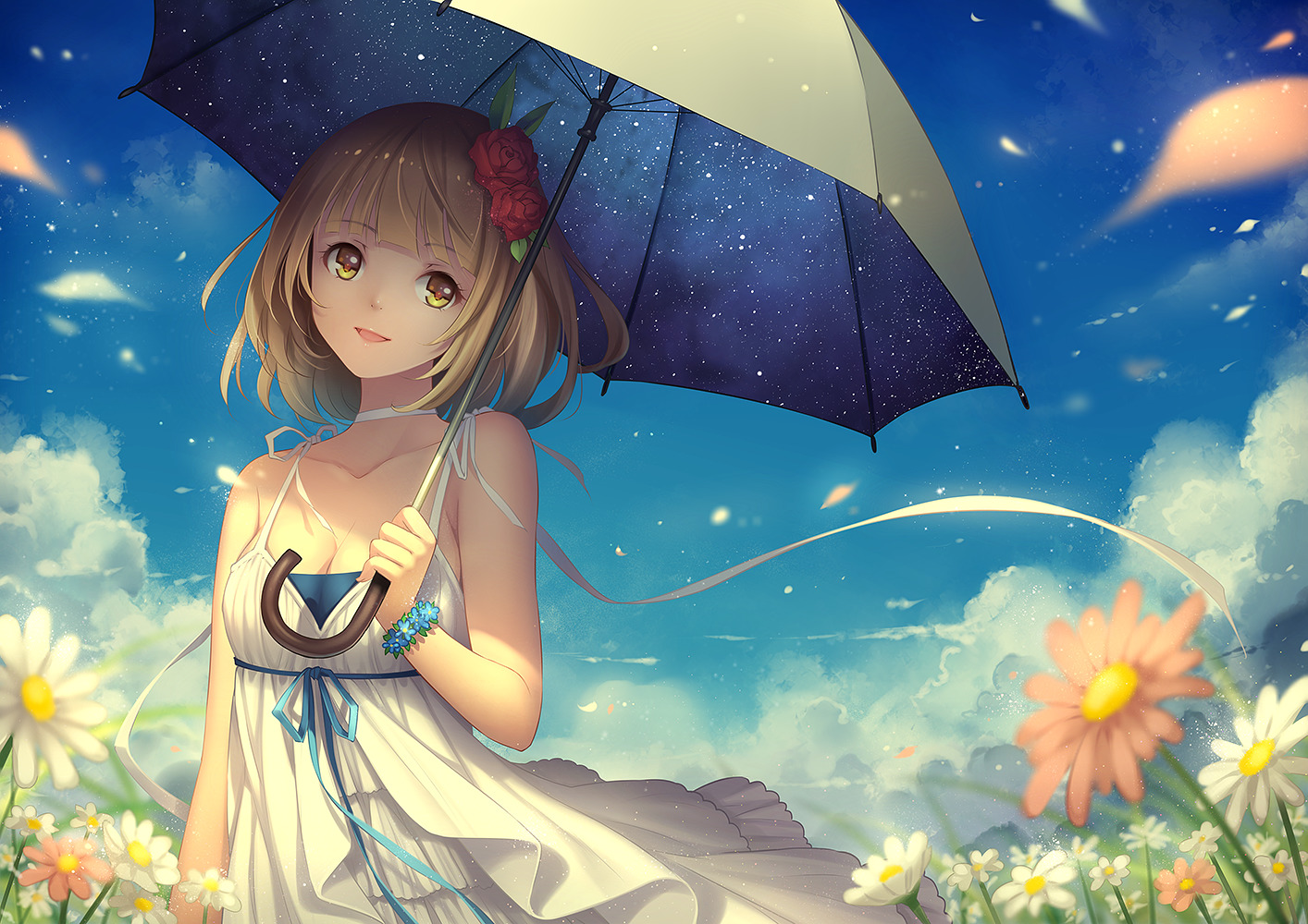 anime Girls, Flowers, Umbrella, Clouds, Original Characters Wallpaper