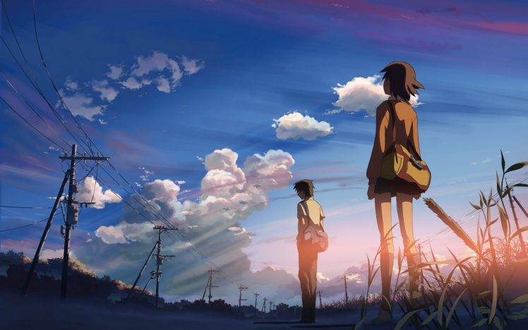5 Centimeters Per Second, Anime, Clouds, Makoto Shinkai, Power Lines, Sunlight, Students, Utility Pole HD Wallpaper Desktop Background