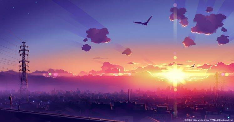 clouds, Sunset, City, Birds HD Wallpaper Desktop Background