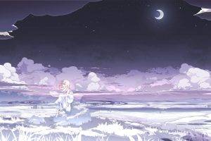 clouds, Moon, Night, Stars, White, White Dress, Anime Girls