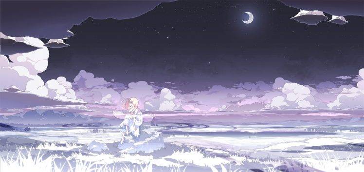 clouds, Moon, Night, Stars, White, White Dress, Anime Girls HD Wallpaper Desktop Background