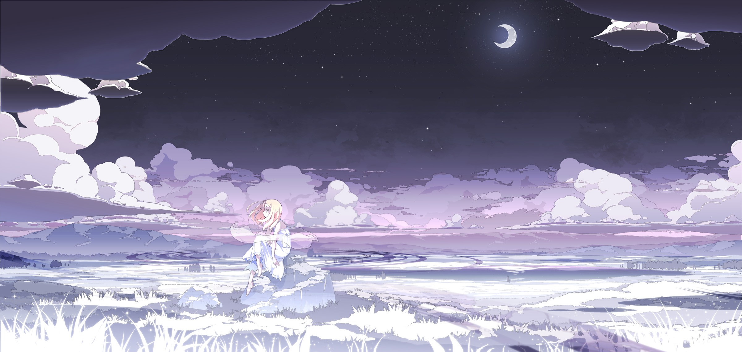 clouds, Moon, Night, Stars, White, White Dress, Anime Girls Wallpaper