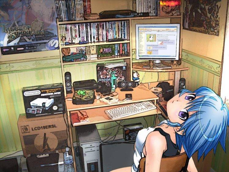 anime Girls, Short Hair, Blue Hair, Original Characters HD Wallpaper Desktop Background
