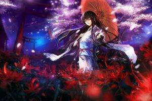 anime, Anime Girls, Original Characters, Kimono, Traditional Clothing, Flowers, Cherry Blossom, Umbrella