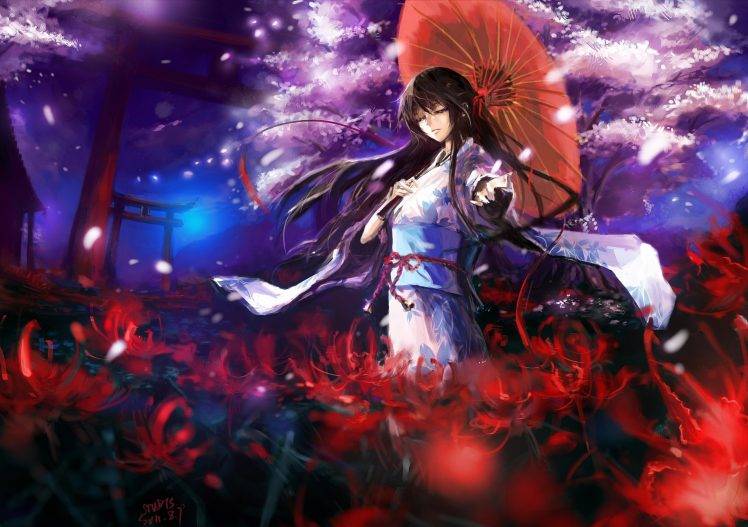 anime, Anime Girls, Original Characters, Kimono, Traditional Clothing, Flowers, Cherry Blossom, Umbrella HD Wallpaper Desktop Background