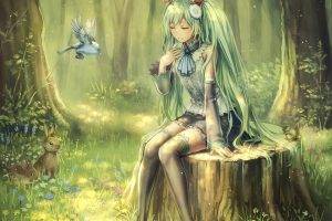 forest, Hatsune Miku, Birds, Trees, Vocaloid, Twintails