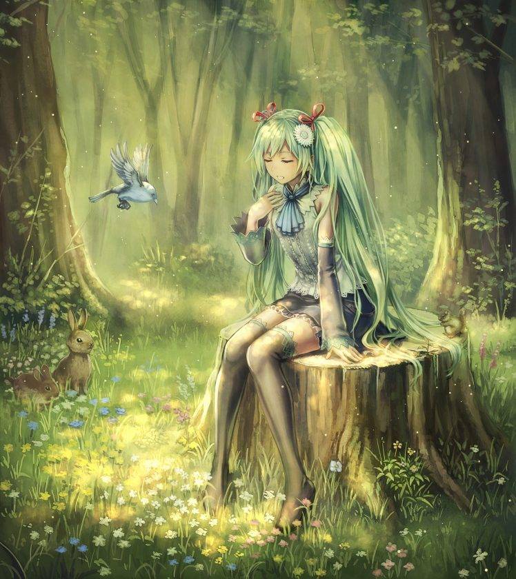 forest, Hatsune Miku, Birds, Trees, Vocaloid, Twintails HD Wallpaper Desktop Background