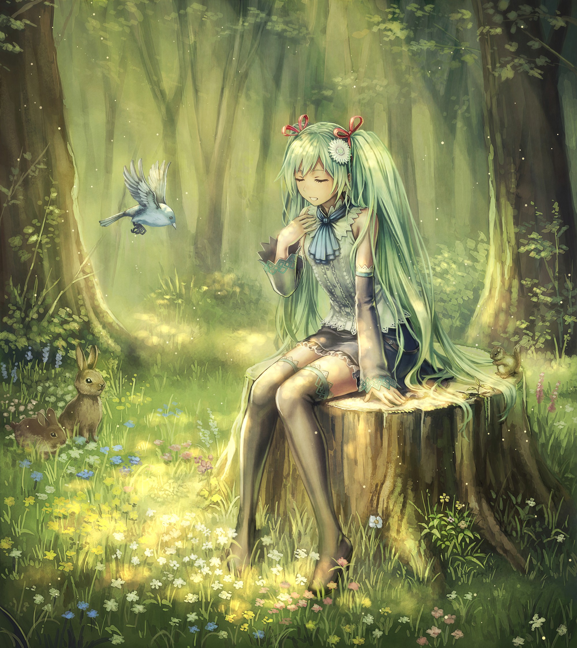 forest, Hatsune Miku, Birds, Trees, Vocaloid, Twintails Wallpaper