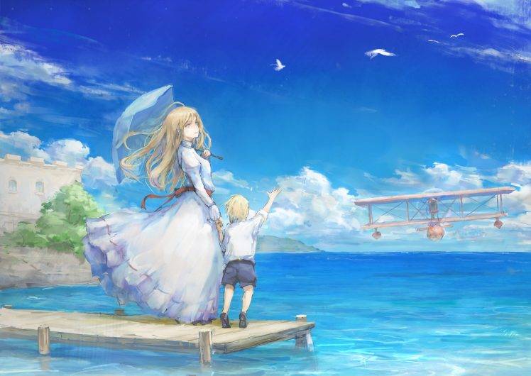 sky, Sea, Umbrella, Original Characters HD Wallpaper Desktop Background