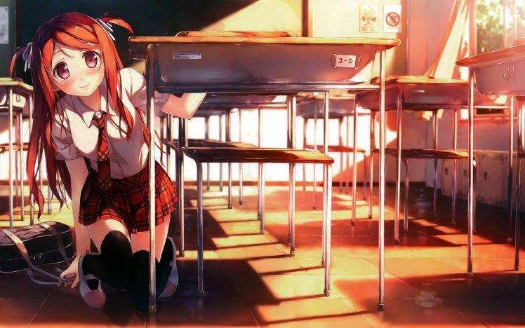 anime Girls, Anime, Long Hair, School Uniform, Schoolgirls, Classroom, Skirt, Tie, Chair, Black Board, Kantoku, Original Characters HD Wallpaper Desktop Background
