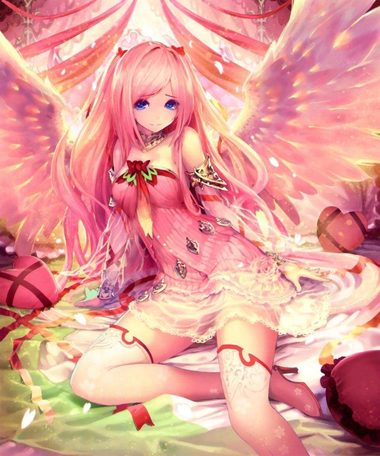 artwork, Anime Girls, Anime, Long Hair, Thigh highs, Wings, Pink Hair, Blue Eyes, Shingeki No Bahamut HD Wallpaper Desktop Background
