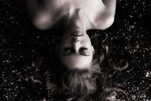 women, Bare Shoulders, Upside Down, Monochrome, Closed Eyes, Curly Hair