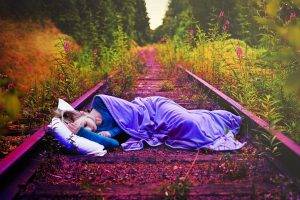 women, Sleeping, Blonde, Railway