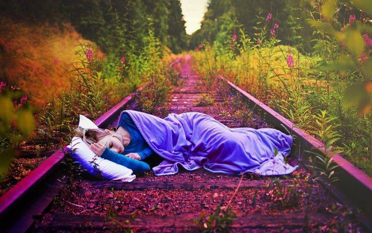 women, Sleeping, Blonde, Railway HD Wallpaper Desktop Background