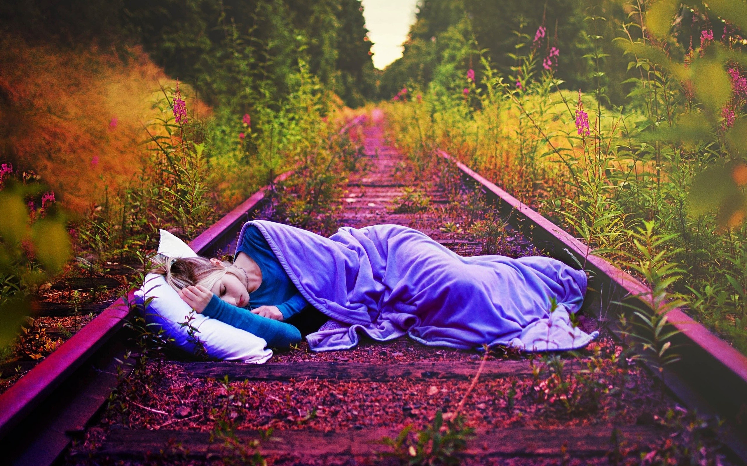 women, Sleeping, Blonde, Railway Wallpaper