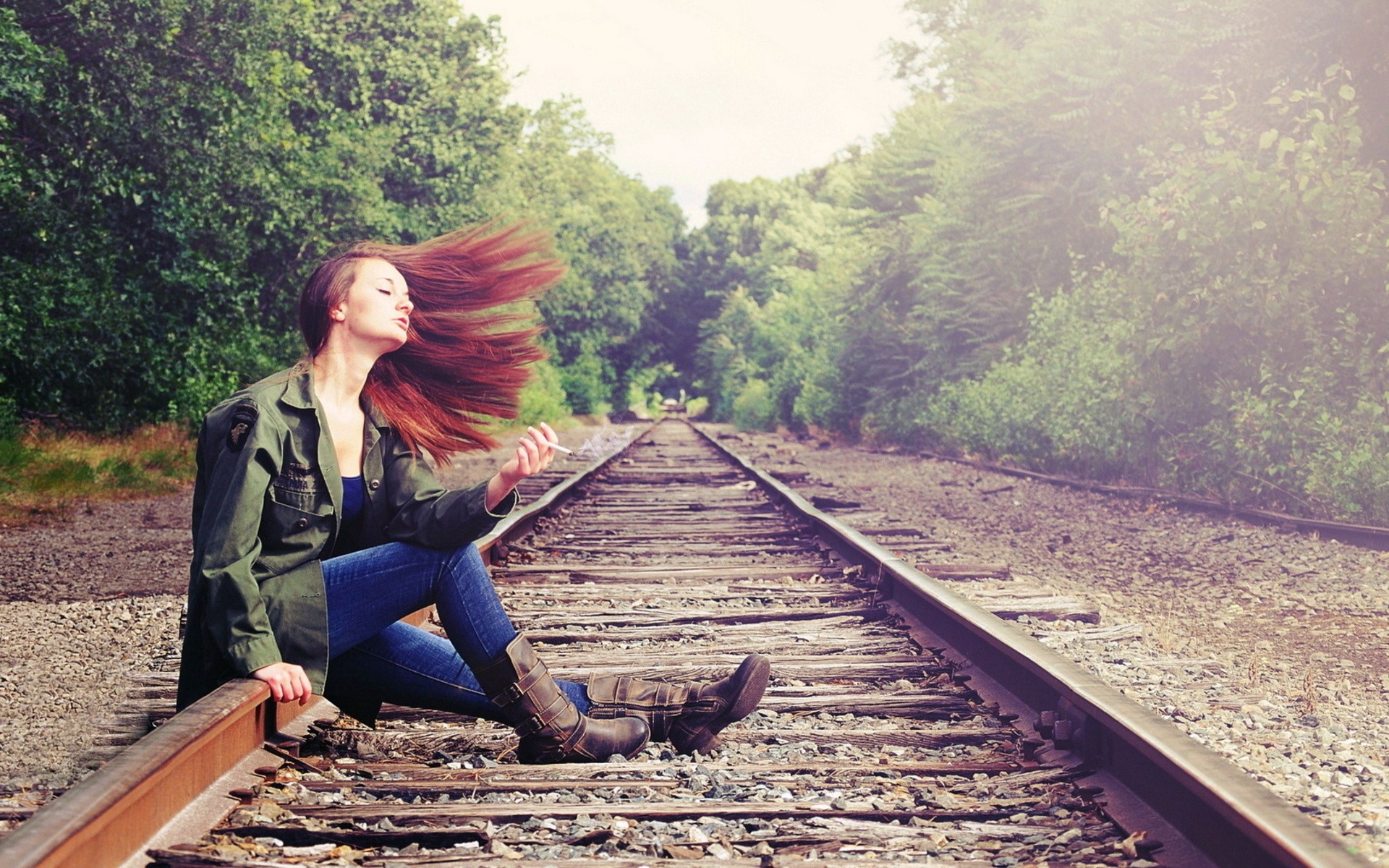 women, Redhead, Sitting, Smoking, Railway, Windy, Trees Wallpaper