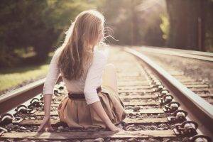 women, Sitting, Blonde, Railway, Sunlight