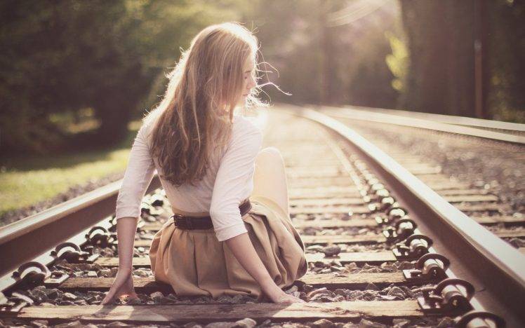 women, Sitting, Blonde, Railway, Sunlight HD Wallpaper Desktop Background