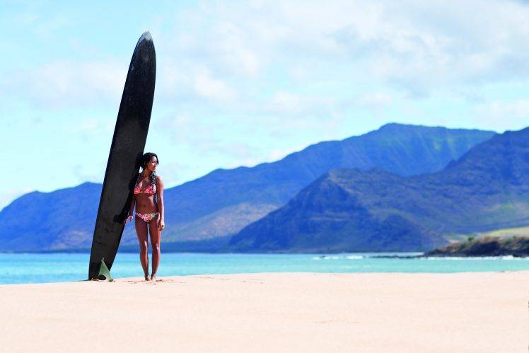 women, Surfboards, Brunette, Bikini, Beach HD Wallpaper Desktop Background