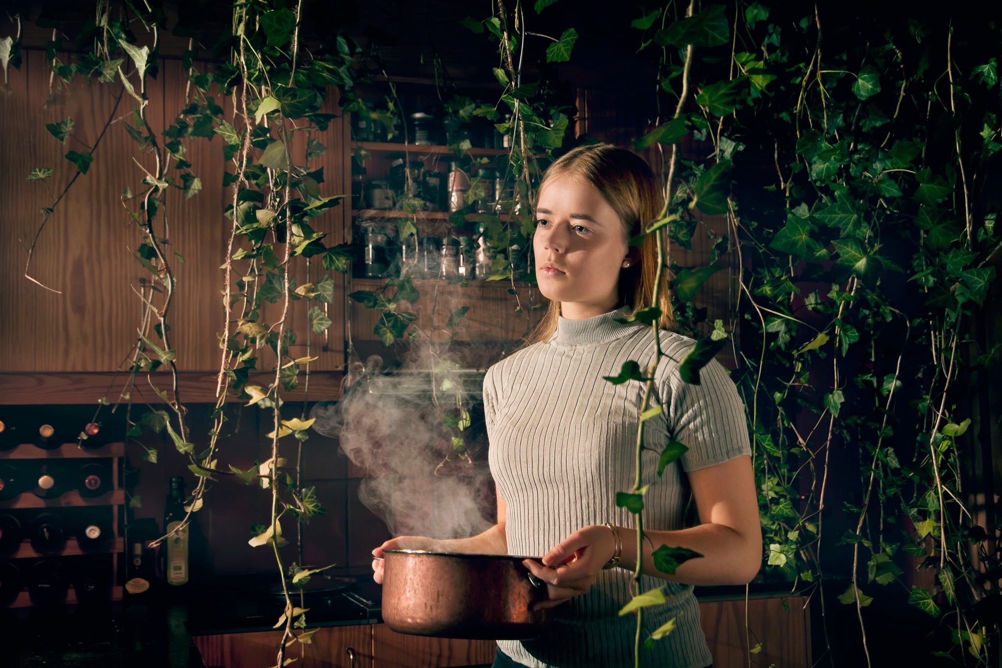 women, Model, Smoke, Straight Hair, Vines, Blonde, Sweater Wallpapers