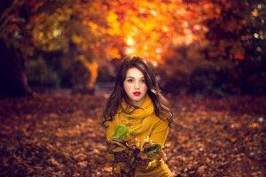 women, Fall, Leaves, Yellow Dress, Women Outdoors