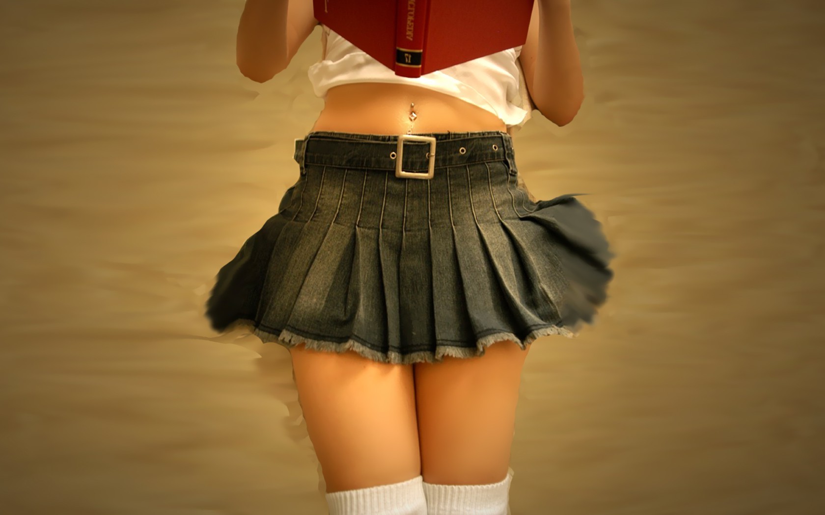 pierced Navel, Women, Skirt, Denim, Miniskirt, Knee highs, Books, Piercing Wallpaper