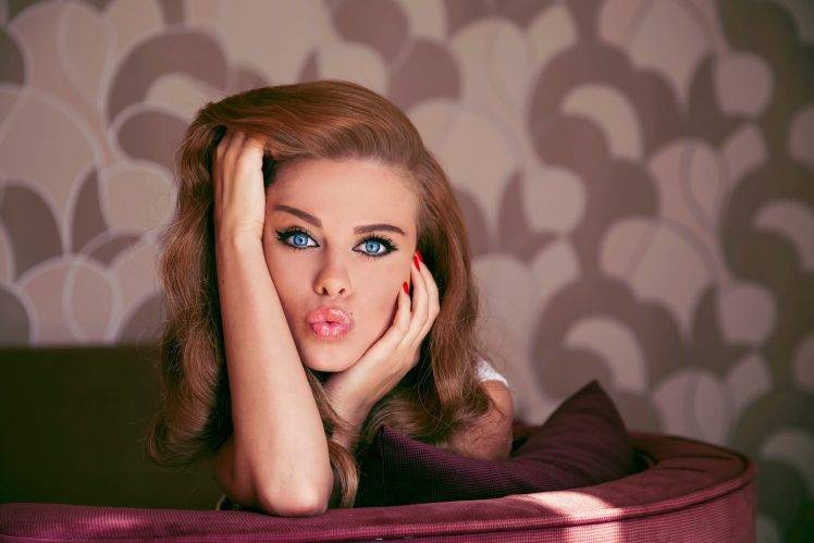 women, Model, Auburn Hair, Blue Eyes, Red Nails, Juicy Lips HD Wallpaper Desktop Background