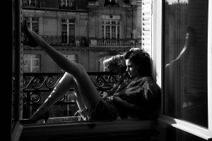 women, Shorts, Balconies, Window, Monochrome