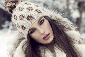 blue Eyes, Winter, Face, Long Hair, Fur Coats, Snow