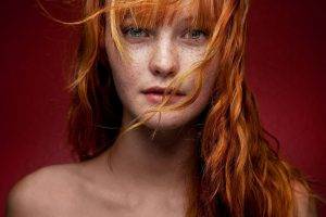 women, Redhead, Face, Freckles, Kacy Anne Hill, Green Eyes, Bare Shoulders, Hair In Face
