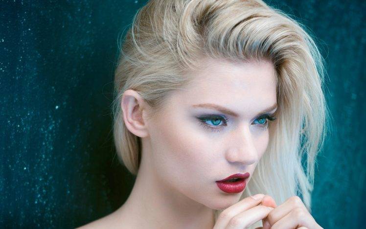 women, Blonde, Blue Eyes, Red Lipstick, Martina Dimitrova HD Wallpaper Desktop Background