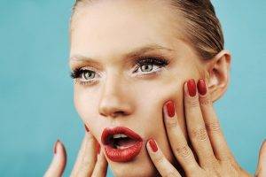 women, Blonde, Face, Model, Green Eyes, Red Lipstick, Red Nails, Painted Nails, Colored Nails, Martina Dimitrova