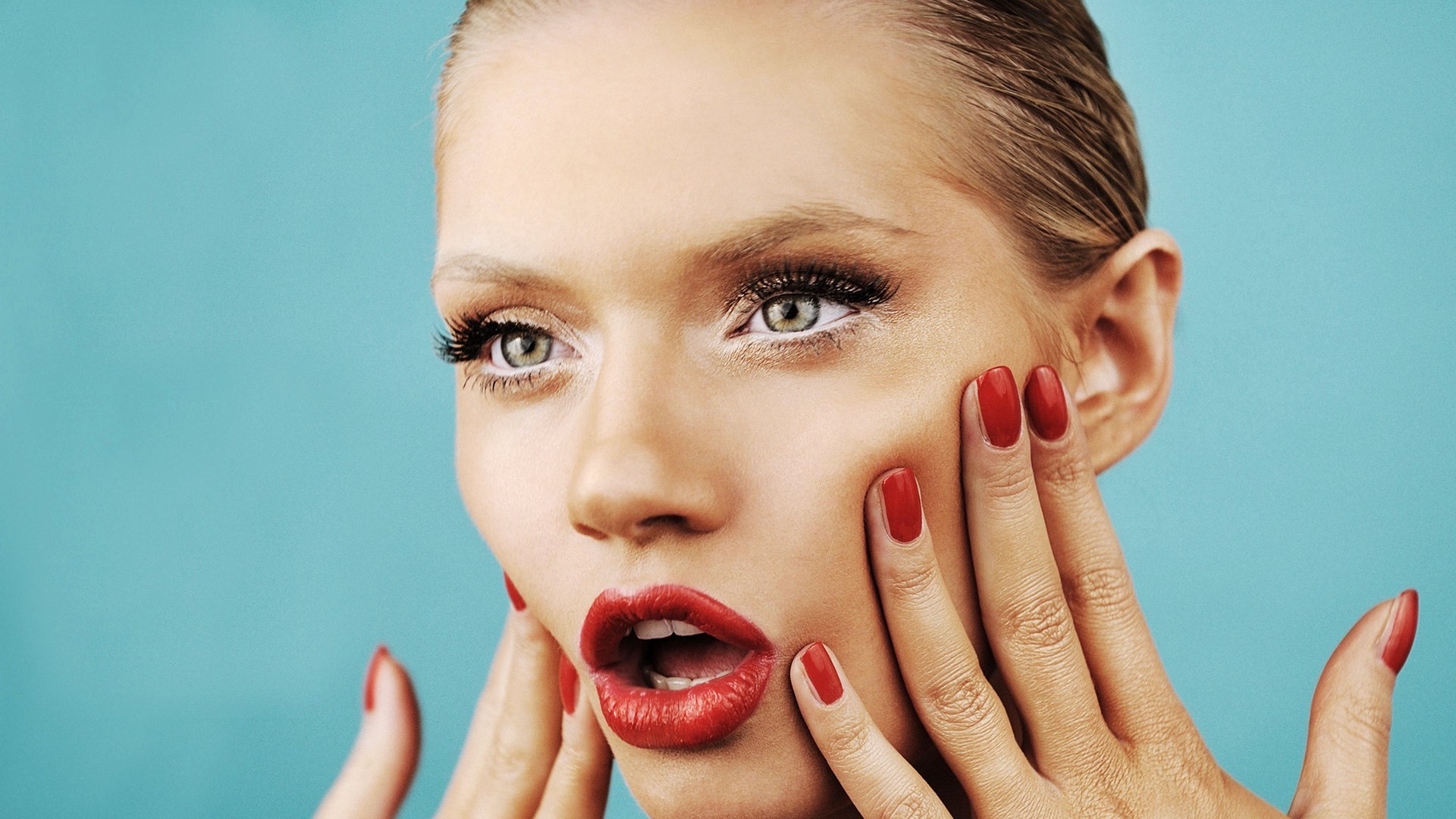 women, Blonde, Face, Model, Green Eyes, Red Lipstick, Red Nails, Painted Nails, Colored Nails, Martina Dimitrova Wallpaper